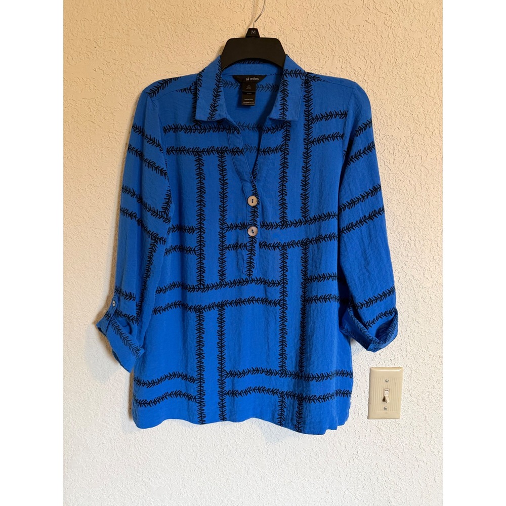 Ali Miles Blue Black Geometric Print Roll Tab Tunic Blouse Small Lagenlook Boho